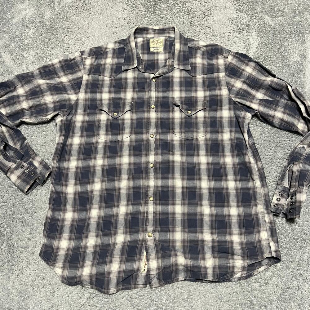 Lucky Brand Shirt Mens Large Blue Plaid Western Pearl Snap Long Sleeve